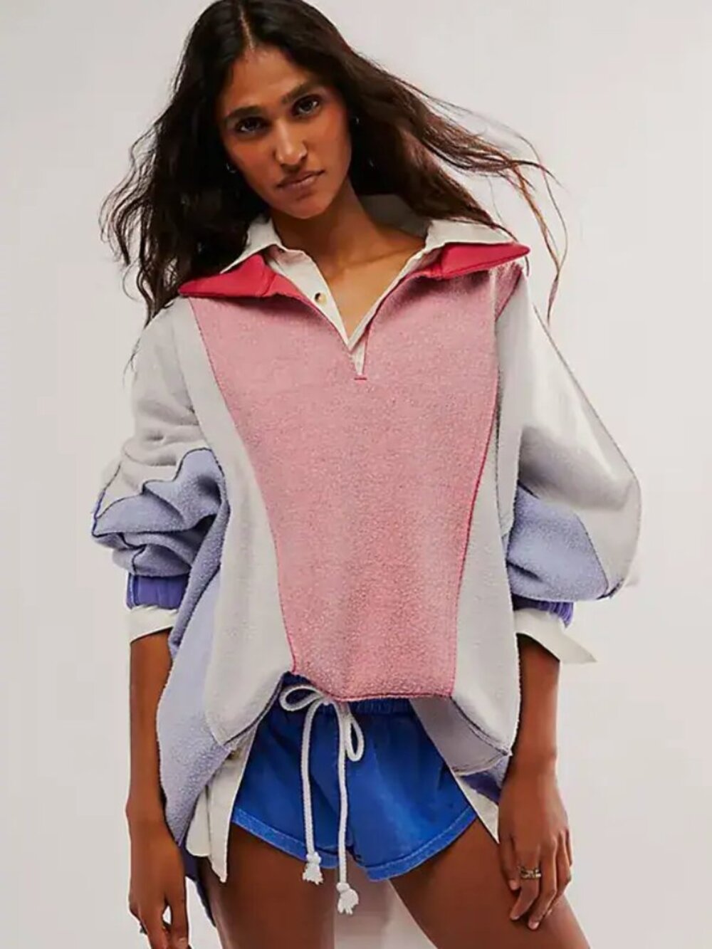 Free People Sidewalk Sweatshirt V Neck Dolman Sleeve Oversized Colorblock Top S
